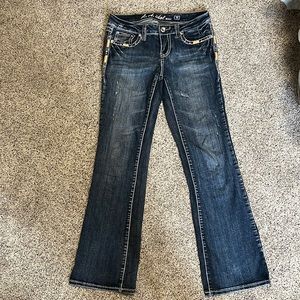 LA Idol Dark Wash Bootcut Jeans with Gold Stitching & Rhinestone Embellishments